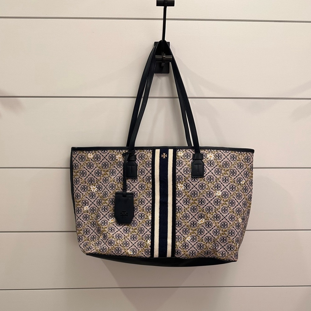 Tory Burch Black and Cream Patterned Tote Bag